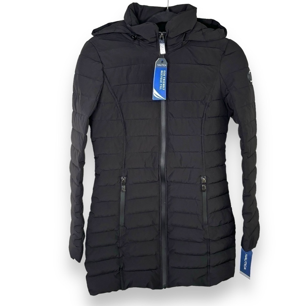 NWT Nautica Black Lightweight Puffer Jacket with Removable Hood MSRP $200 - XS - Picture 2 of 14